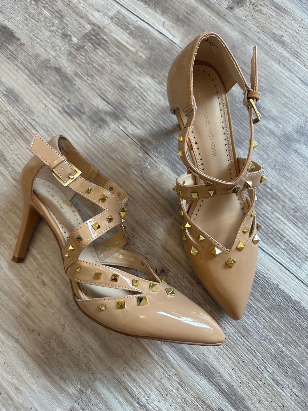 Adrienne Vittadini Beige Patent Studded Pointed-Toe Heels - Picture 2 of 5